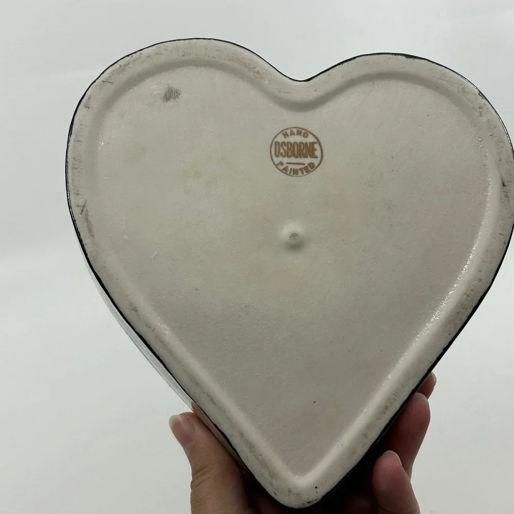 Vintage Handpainted Osborne Heart Box Trinket Box Gift Box Black Gold Floral
